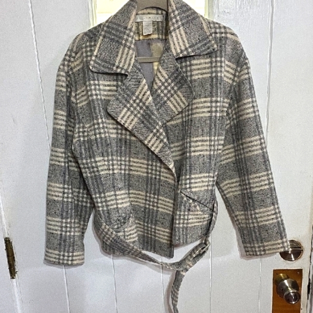 The Limited Gray and Cream Plaid Wool Blend Cropped Blazer